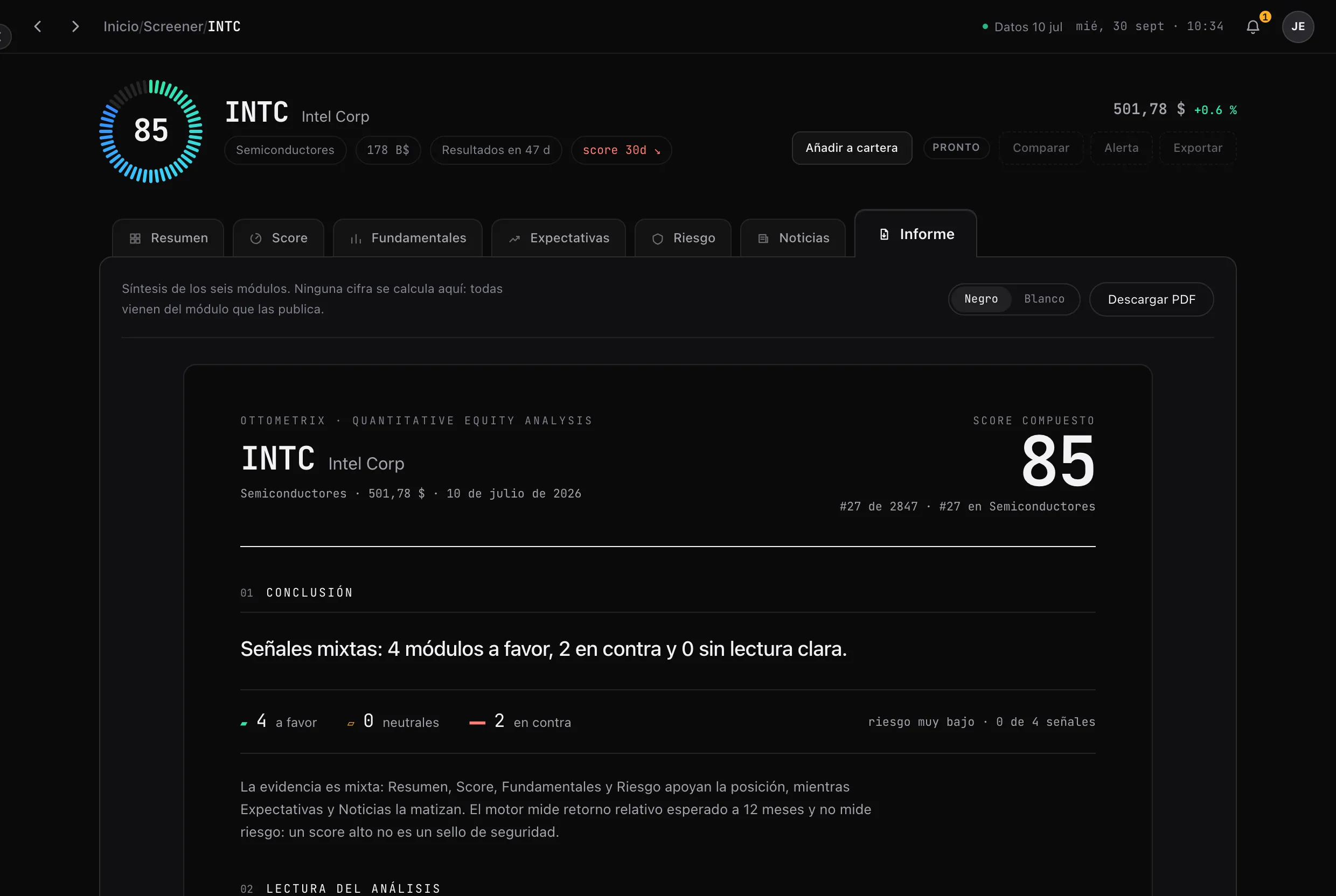 Report tab: a one-page report with the conclusion and the score, ready to export as PDF